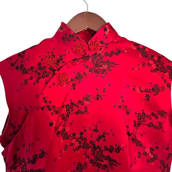 Vintage 1980s Chinese Brocade Cheongsam Dress Red/Black Satin Silk with Slip - Picture 6 of 16